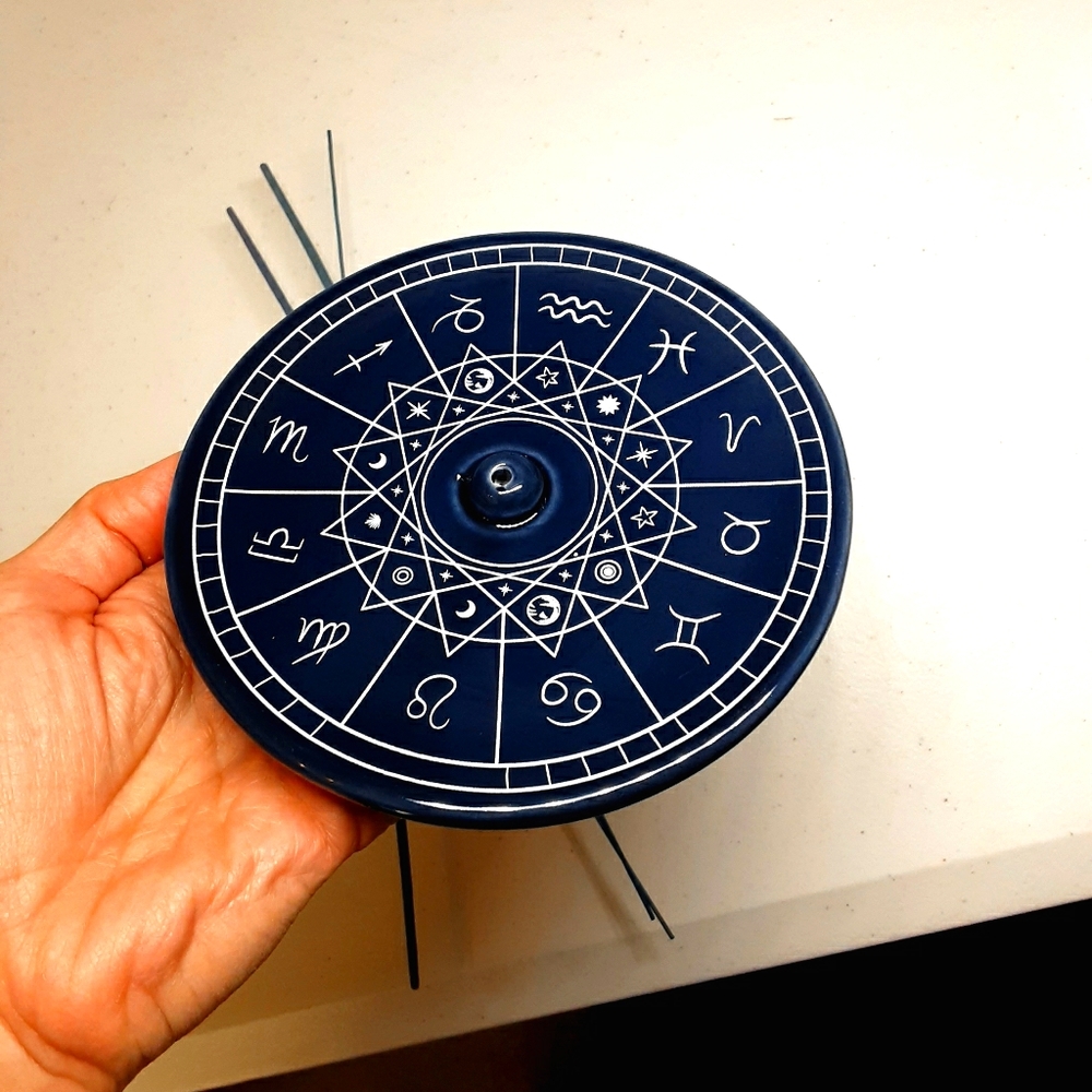NEW Incense astrology Sign holder ceramic Navy white plate